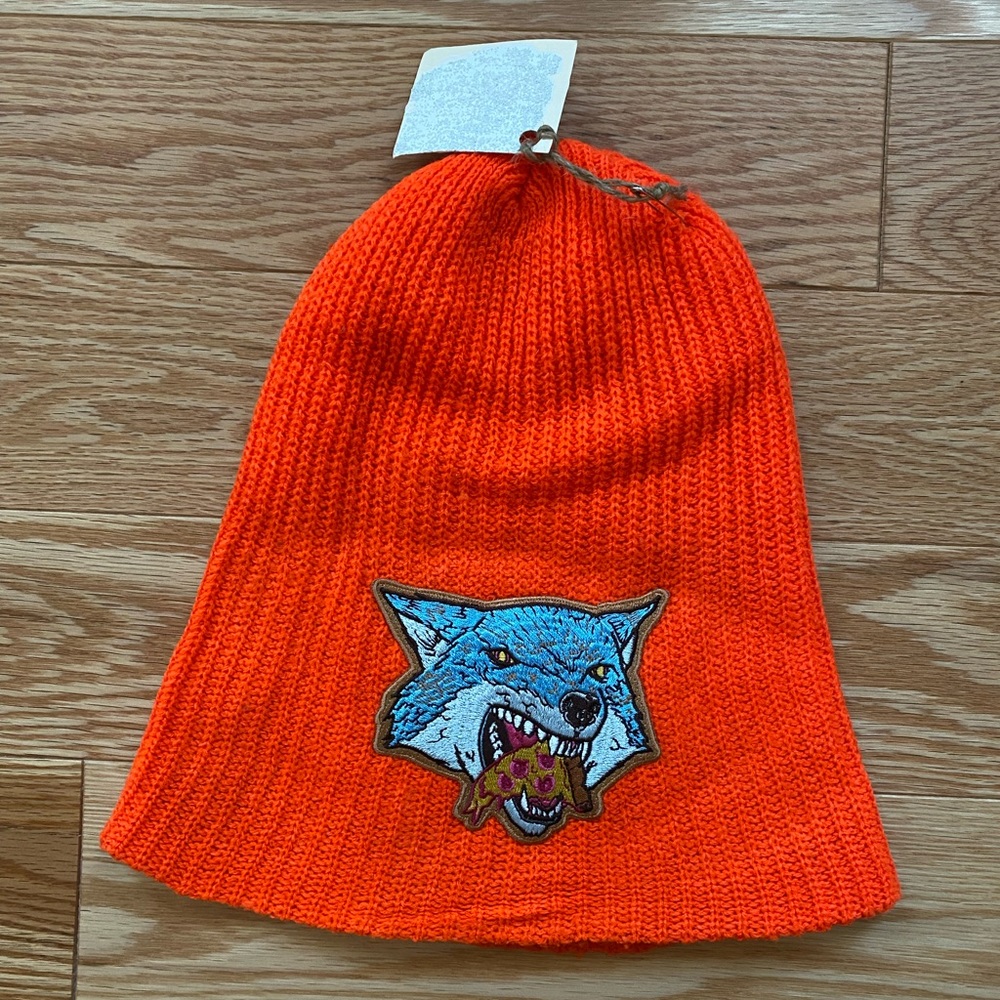 Back Off Flatlander Wold Eating Pizza Hunter Orange Beanie